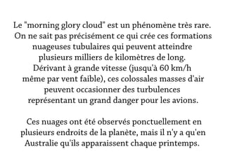 Le "morning glory cloud" est un phénomène très rare.
On ne sait pas précisément ce qui crée ces formations
     nuageuses tubulaires qui peuvent atteindre
       plusieurs milliers de kilomètres de long.
     Dérivant à grande vitesse (jusqu'à 60 km/h
  même par vent faible), ces colossales masses d'air
        peuvent occasionner des turbulences
    représentant un grand danger pour les avions.

   Ces nuages ont été observés ponctuellement en
 plusieurs endroits de la planète, mais il n'y a qu'en
  Australie qu'ils apparaissent chaque printemps.
 