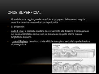 ONDE SUPERFICIALI
• Quando le onde raggiungono la superficie, si propagano dall‟epicentro lungo la
superficie terrestre smorzandosi con la profondità.
• Si dividono in:
- onde di Love: le particelle oscillano trasversalmente alla direzione di propagazione
nel piano orizzontale e si muovono più lentamente di quelle interne ma con
lunghissime distanze.
- onde di Rayleigh: descrivono orbite ellittiche in un piano verticale lungo la direzione
di propagazione.
 