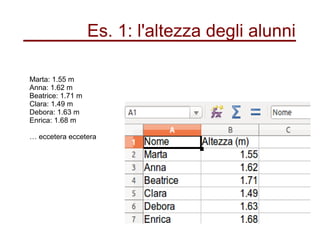 Marta: 1.55 m
Anna: 1.62 m
Beatrice: 1.71 m
Clara: 1.49 m
Debora: 1.63 m
Enrica: 1.68 m
… eccetera eccetera
Es. 1: l'altezza degli alunni
 