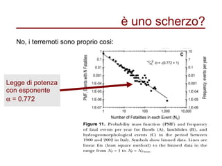 è uno scherzo?
No, i terremoti sono proprio così:
Legge di potenza
con esponente
α = 0.772
 