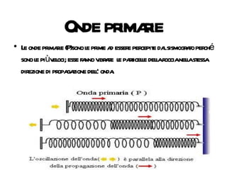 Onde primarie Le onde primarie (P)sono le prime ad essere percepite dal sismografo perché sono le più veloci; esse fanno vibrare  le particelle della roccia nella stessa direzione di propagazione dell' onda. 