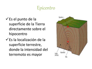 Es el punto de la
superficie de la Tierra
directamente sobre el
hipocentro
Es la localización de la
superficie terrestre,
donde la intensidad del
terremoto es mayor
Epicentro
 
