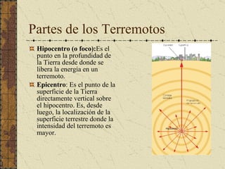 Partes de los Terremotos Hipocentro (o foco): Es el punto en la profundidad de la Tierra desde donde se libera la energía en un terremoto.  Epicentro : Es el punto de la superficie de la Tierra directamente vertical sobre el hipocentro. Es, desde luego, la localización de la superficie terrestre donde la intensidad del terremoto es mayor.  
