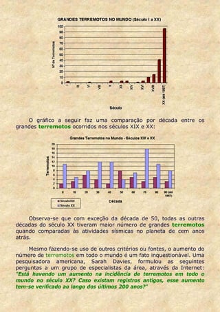O gráfico a seguir faz uma comparação por década entre os
grandes terremotos ocorridos nos séculos XIX e XX:




     Observa-se que com exceção da década de 50, todas as outras
décadas do século XX tiveram maior número de grandes terremotos
quando comparadas às atividades sísmicas no planeta de cem anos
atrás.

     Mesmo fazendo-se uso de outros critérios ou fontes, o aumento do
número de terremotos em todo o mundo é um fato inquestionável. Uma
pesquisadora americana, Sarah Davies, formulou as seguintes
perguntas a um grupo de especialistas da área, através da Internet:
"Está havendo um aumento na incidência de terremotos em todo o
mundo no século XX? Caso existam registros antigos, esse aumento
tem-se verificado ao longo dos últimos 200 anos?"
 