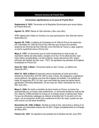 Historia sísmica de Puerto Rico

            Terremotos significativos en la zona de Puerto Rico*

Septiembre 8, 1615: Terremoto en la República Dominicana que causó daños
en Puerto Rico (A).

Agosto 15, 1670: Daños en San Germán y San Juan (MJ).

1717: Iglesia San Felipe en Arecibo y la casa parroquial en San Germán fueron
destruídas (A).

Agosto 30, 1740: La Iglesia de Guadalupe en la Villa de Ponce fue destruída
(A). Intensidad VII, sólo de Ponce hay informes que el sismo fue sentido,
ausencia de informes de San Germán y los informes de Yauco y Lajas sugieren
un sismo superficial cerca a Ponce (G).

Mayo 2, 1787: Un terremoto que se sintió fuertemente en toda la isla, se
reportaron daños de todos lados, excepto en el Sur. En la isleta de San Juan
hubo daños considerables y se derrumbaron varias estructuras (DH, según
informes del Cabildo de San Juan, 1787). Se agrietaron las paredes de la Iglesia
Guadalupe en Ponce (G).

Abril 20, 1824, 3:00am: Terremoto fuerte en San Tomas, un edificio fue
destruído (RT).

Abril 16, 1844, 9:20am El epicentro estuvo localizado al norte de la isla y
sentido en Puerto Rico (VII-VIII, (RF)) y San Tomas. Se colapsaron y agrietaron
varios edificios. Se agrietó una torre de la Iglesia de Isabela. Fue sentido por
hasta 30 segundos (RT). En San Juan casi todas las casas de piedra fueron
agrietadas" (Periódico Barbadian, 25 de mayo de 1844). Intensidad de VII en
San Juan (SL).

Mayo 5, 1844: Se sintió un temblor de tierra fuerte en Ponce, el mismo fue
acompañado por un fuerte ruido subterráneo, un terremoto terrible en toda la isla
(G). Asencio (1980) también lo incluye en su listado (pone 3 referencias). Nota:
Ya que los diferentes catálogos se refieren al temblor del 16 de abril o el 5 de
mayo, con la excepción de MJ que cuestionan el del 5 de mayo, puede ser que
sólo ocurrió uno de estos temblores.

Noviembre 28, 1846, 5:00pm: Sentido en toda la isla, más fuerza y daños en el
noroeste con intensidad máxima de VII (RF). Origen probablemente en el Pasaje
de Mona (RT).

Febrero 22, 1851: Se agrietaron las paredes de la Alcaldía de San Juan (RT).
 