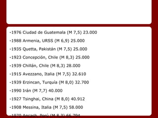 -1976 Ciudad de Guatemala (M 7,5) 23.000
-1988 Armenia, URSS (M 6,9) 25.000
-1935 Quetta, Pakistán (M 7,5) 25.000
-1923 Concepción, Chile (M 8,3) 25.000
-1939 Chillán, Chile (M 8,3) 28.000
-1915 Avezzano, Italia (M 7,5) 32.610
-1939 Erzincan, Turquía (M 8,0) 32.700
-1990 Irán (M 7,7) 40.000
-1927 Tsinghai, China (M 8,0) 40.912
-1908 Messina, Italia (M 7,5) 58.000
-1970 Ancash, Perú (M 8,3) 66.794
 