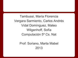Tambussi, María Florencia
Vergara Sarmiento, Carlos Andrés
Vidal Domínguez, Mateo
Wilgenhoff, Sofía
Computación 5º Cs. Nat
Prof: Soriano, Marta Mabel
2013
 