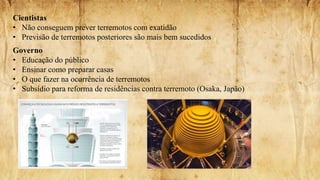 Cientistas
• Não conseguem prever terremotos com exatidão
• Previsão de terremotos posteriores são mais bem sucedidos
Governo
• Educação do público
• Ensinar como preparar casas
• O que fazer na ocorrência de terremotos
• Subsídio para reforma de residências contra terremoto (Osaka, Japão)
 