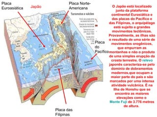 O Japão está localizado junto da plataforma continental Eurasiática e das placas do Pacífico e das Filipinas, o arquipélago está sujeito a grandes movimentos tectônicos. Provavelmente, as ilhas são o resultado de uma série de movimentos orogênicos, que empurram as montanhas e não o produto de uma simples erupção da crosta terrestre. O  relevo  japonês caracteriza-se pelo domínio de dobramentos modernos,que ocupam a maior parte do país e são marcados por uma intensa atividade vulcânica. É na Ilha de Honshu que se encontra as maiores elevações como o  Monte Fuji  de 3.776 metros de altura.  Japão Placa do Pacífico Placa Norte-Americana Placa das Filipinas Placa Euroasiática 