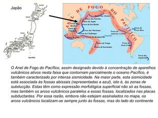 O Anel de Fogo do Pacífico, assim designado devido à concentração de aparelhos vulcânicos ativos nesta faixa que contornam parcialmente o oceano Pacífico, é também caracterizado por intensa sismicidade. Na maior parte, esta sismicidade está associada às fossas abissais (representadas a azul), isto é, às zonas de subducção. Estas têm como expressão morfológica superficial não só as fossas, mas também os arcos vulcânicos paralelos a essas fossas, localizados nas placas subductantes. Por essa razão, embora não estejam assinalados no mapa, os arcos vulcânicos localizam-se sempre junto às fossas, mas do lado do continente   Japão 