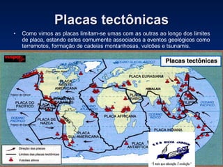 Placas tectônicas Como vimos as placas limitam-se umas com as outras ao longo dos limites de placa, estando estes comumente associados a eventos geológicos como terremotos, formação   de cadeias montanhosas, vulcões e tsunamis. 