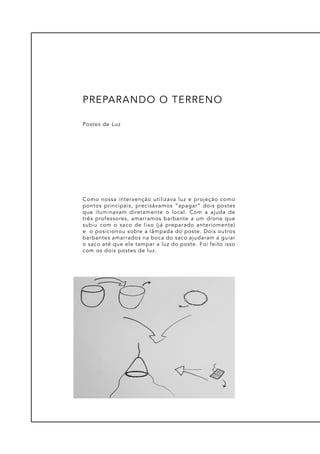 Como nossa intervenção utilizava luz e projeção como
pontos principais, precisávamos “apagar” dois postes
que iluminavam diretamente o local. Com a ajuda de
três professores, amarramos barbante a um drone que
subiu com o saco de lixo (já preparado anteriomente)
e o posicionou sobre a lâmpada do poste. Dois outros
barbantes amarrados na boca do saco ajudaram a guiar
o saco até que ele tampar a luz do poste. Foi feito isso
com os dois postes de luz.
Postes de Luz
PREPARANDO O TERRENO
 
