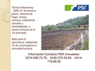 Terreno Monterrey
, 3000 m2 de terreno
plano, sistema de
riego, arroyo
cercano, totalmente
cercado y
desmalezado, a
pocos minutos de la
vía principal.

Apto para la
agricultura, implantaci
ón de invernaderos o
actividad turística.

              Información Contacto PSR Inmuebles:
            0274-658.72.76, 0426-370.54.94, 0414-
                           179.98.59
 