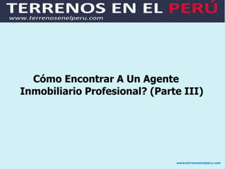 Cómo Encontrar A Un Agente
Inmobiliario Profesional? (Parte III)




                               www.terrenosenelperu.com
 