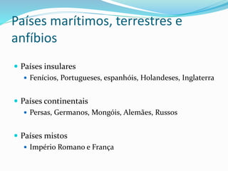 Países marítimos, terrestres e
anfíbios
 Países insulares
 Fenícios, Portugueses, espanhóis, Holandeses, Inglaterra
 Países continentais
 Persas, Germanos, Mongóis, Alemães, Russos
 Países mistos
 Império Romano e França
 