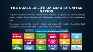 THE GOALS 15 LIFE ON LAND BY UNITED
NATION
• Is point up about terrestrial biodiversity because this goals sustainably manage
forests, combat desertification, halt and reverse land degradation, halt biodiversity
loss
• Biodiversity include the variety of plant and animal life world or habitat, a high
level of which is considered to be important and desirable.
 