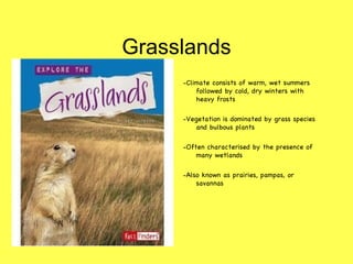Grasslands
     -Climate consists of warm, wet summers
         followed by cold, dry winters with
         heavy frosts

     -Vegetation is dominated by grass species
        and bulbous plants

     -Often characterised by the presence of
         many wetlands

     -Also known as prairies, pampas, or
         savannas
 