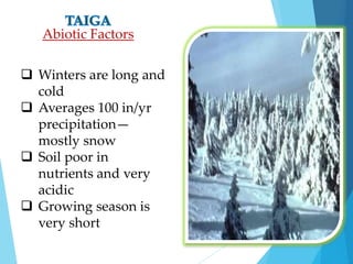 Abiotic Factors 
 Winters are long and 
cold 
 Averages 100 in/yr 
precipitation— 
mostly snow 
 Soil poor in 
nutrients and very 
acidic 
 Growing season is 
very short 
 