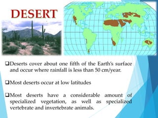 Deserts cover about one fifth of the Earth’s surface 
and occur where rainfall is less than 50 cm/year. 
Most deserts occur at low latitudes 
Most deserts have a considerable amount of 
specialized vegetation, as well as specialized 
vertebrate and invertebrate animals. 
 