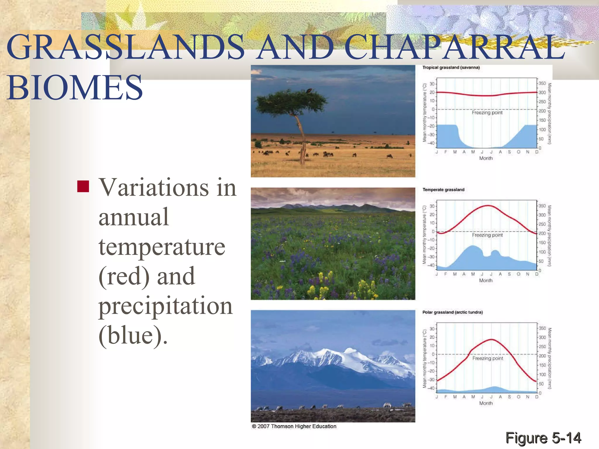 GRASSLANDS AND CHAPARRAL BIOMES Variations in annual temperature (red) and precipitation (blue). Figure 5-14 