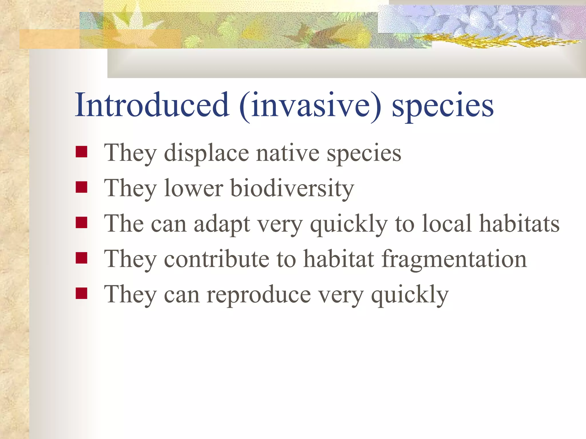 Introduced (invasive) species They displace native species They lower biodiversity The can adapt very quickly to local habitats They contribute to habitat fragmentation They can reproduce very quickly 