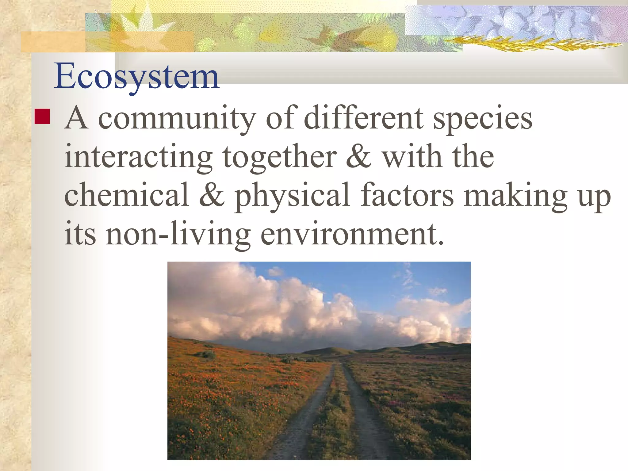 Ecosystem A community of different species interacting together & with the chemical & physical factors making up its non-living environment. 