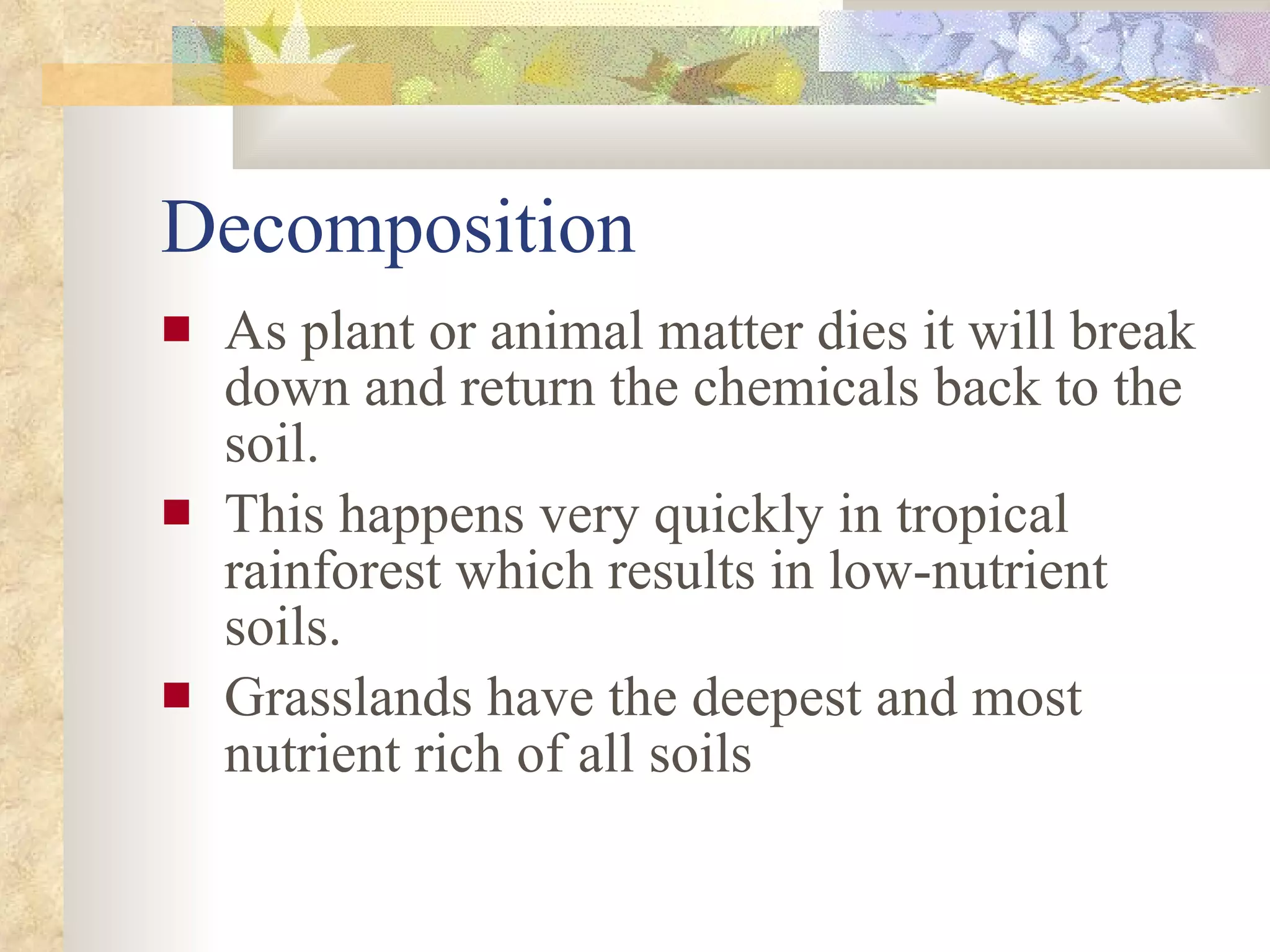 Decomposition As plant or animal matter dies it will break down and return the chemicals back to the soil.  This happens very quickly in tropical rainforest which results in low-nutrient soils. Grasslands have the deepest and most nutrient rich of all soils 