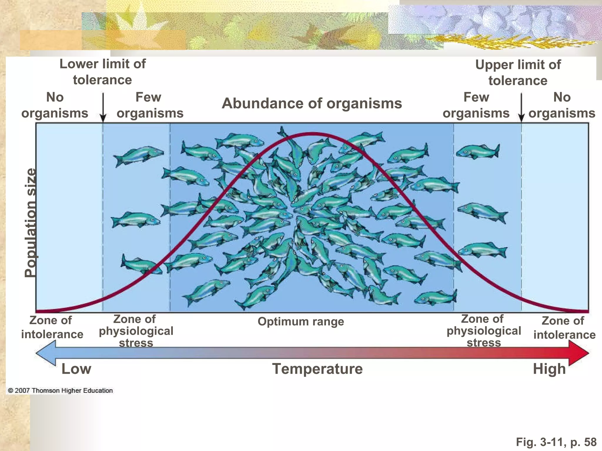Fig. 3-11, p. 58 Zone of  intolerance Optimum range Zone of  physiological stress Zone of  physiological stress Zone of  intolerance Temperature Low High No organisms Few organisms Upper limit of tolerance Population size Abundance of organisms Few  organisms No organisms Lower limit of tolerance 