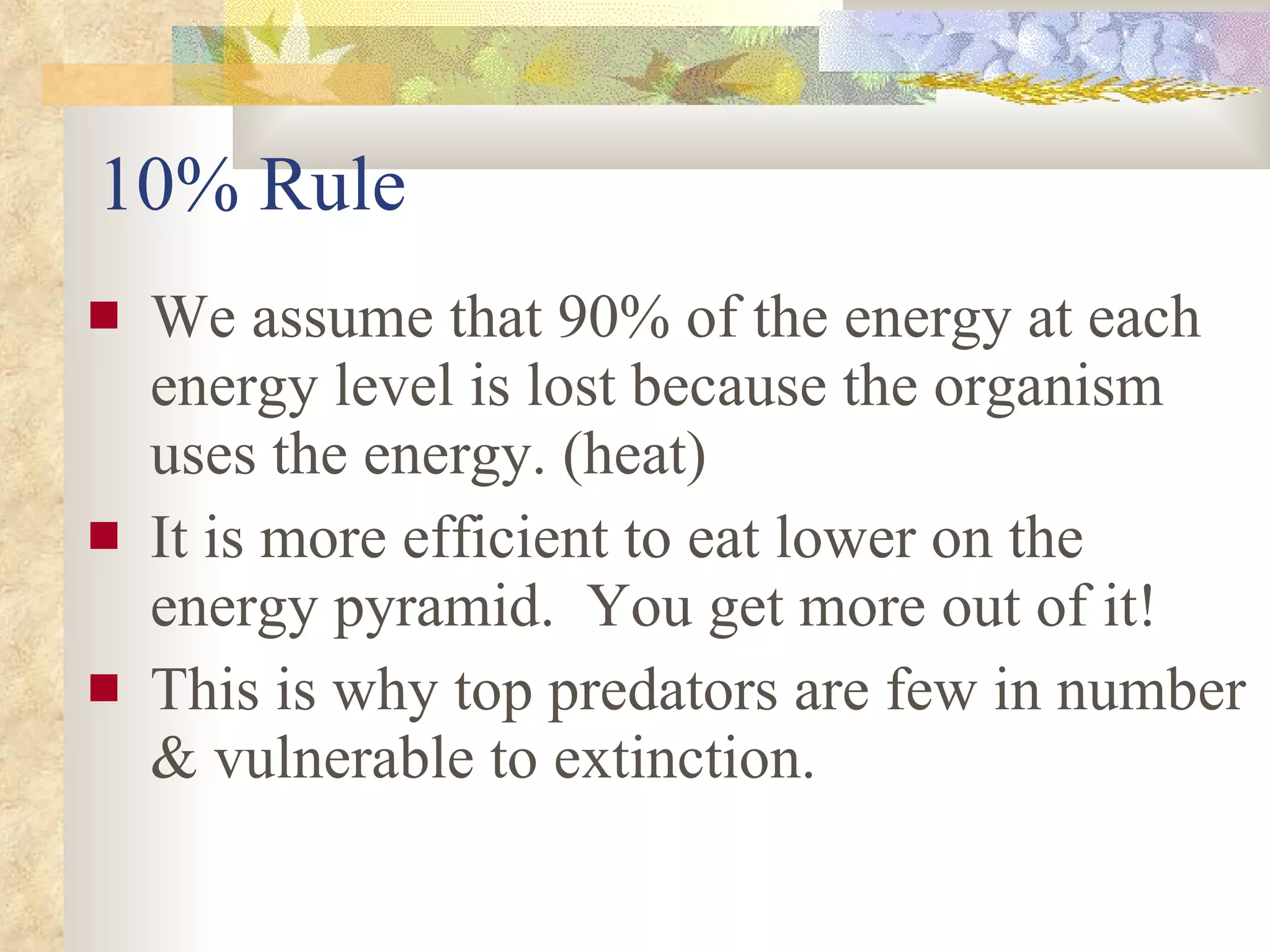 10% Rule We assume that 90% of the energy at each energy level is lost because the organism uses the energy. (heat) It is more efficient to eat lower on the energy pyramid.  You get more out of it!  This is why top predators are few in number & vulnerable to extinction. 