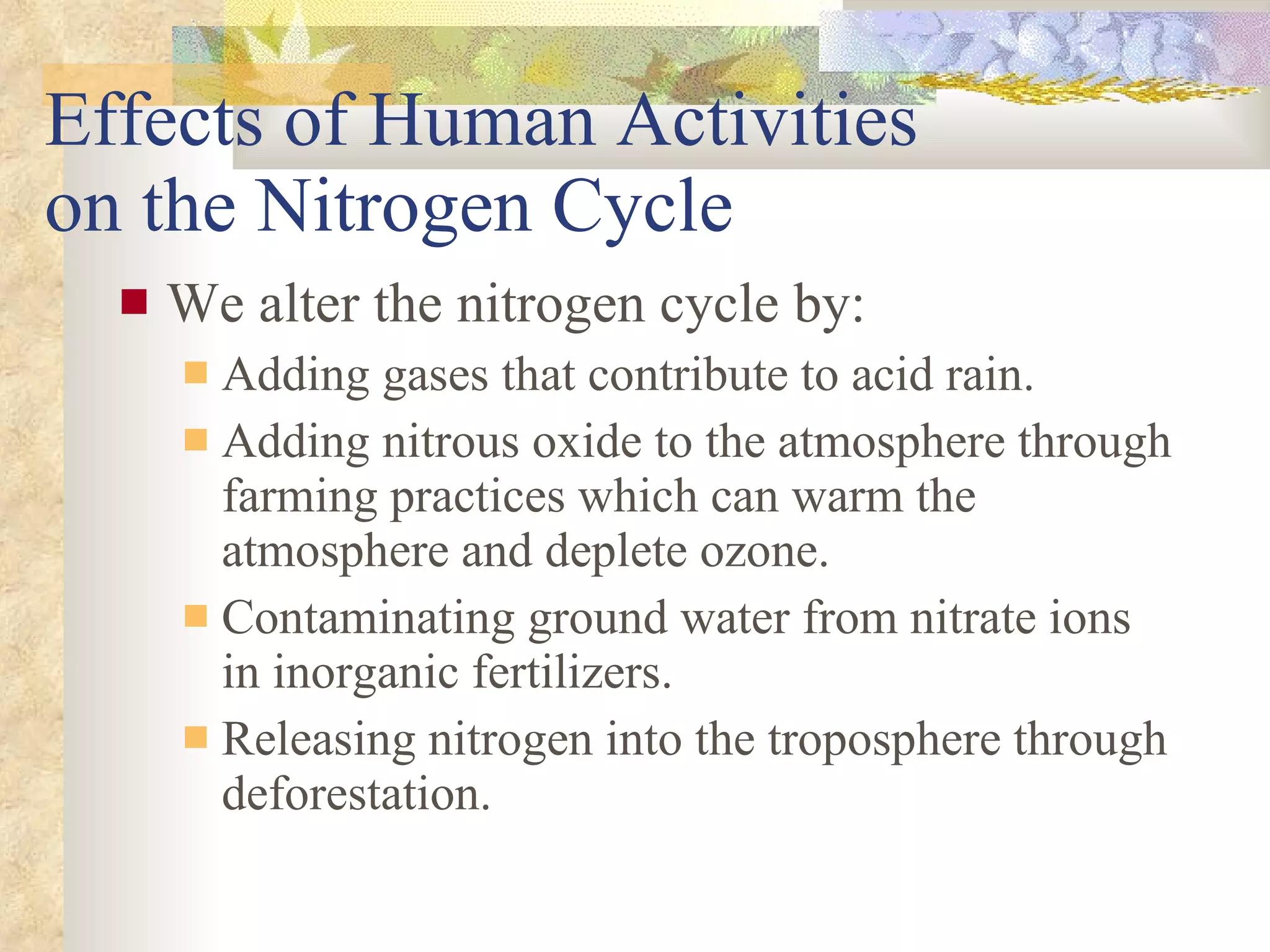 Effects of Human Activities  on the Nitrogen Cycle We alter the nitrogen cycle by: Adding gases that contribute to acid rain. Adding nitrous oxide to the atmosphere through farming practices which can warm the atmosphere and deplete ozone. Contaminating ground water from nitrate ions in inorganic fertilizers. Releasing nitrogen into the troposphere through deforestation. 