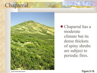 Chaparral Chaparral has a moderate climate but its dense thickets of spiny shrubs are subject to periodic fires. Figure 5-18 