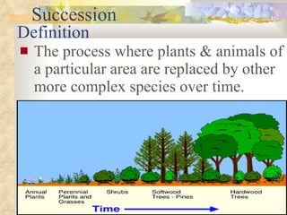 Definition The process where plants & animals of a particular area are replaced by other more complex species over time. Succession 