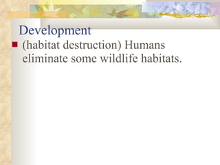 Development (habitat destruction) Humans eliminate some wildlife habitats.  