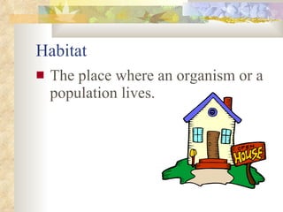 Habitat The place where an organism or a population lives. 