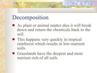 Decomposition As plant or animal matter dies it will break down and return the chemicals back to the soil.  This happens very quickly in tropical rainforest which results in low-nutrient soils. Grasslands have the deepest and most nutrient rich of all soils 