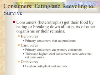 Consumers: Eating and Recycling to Survive Consumers (heterotrophs) get their food by eating or breaking down all or parts of other organisms or their remains. Herbivores Primary consumers that eat producers Carnivores Primary consumers eat primary consumers Third and higher level consumers: carnivores that eat carnivores. Omnivores Feed on both plant and animals. 