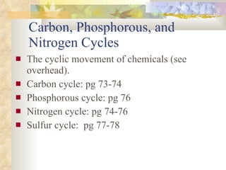 Carbon, Phosphorous, and Nitrogen Cycles The cyclic movement of chemicals (see overhead). Carbon cycle: pg 73-74 Phosphorous cycle: pg 76 Nitrogen cycle: pg 74-76 Sulfur cycle:  pg 77-78 