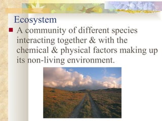 Ecosystem A community of different species interacting together & with the chemical & physical factors making up its non-living environment. 