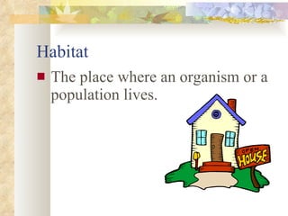 Habitat The place where an organism or a population lives. 