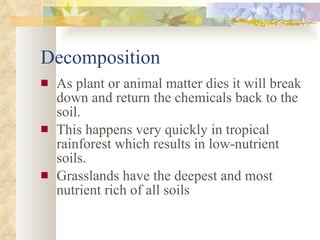 Decomposition As plant or animal matter dies it will break down and return the chemicals back to the soil.  This happens very quickly in tropical rainforest which results in low-nutrient soils. Grasslands have the deepest and most nutrient rich of all soils 
