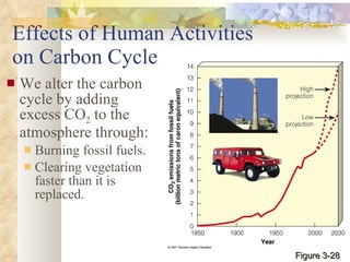 Effects of Human Activities  on Carbon Cycle We alter the carbon cycle by adding excess CO 2  to the atmosphere through: Burning fossil fuels. Clearing vegetation faster than it is replaced. Figure 3-28 
