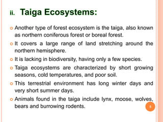  Another type of forest ecosystem is the taiga, also known
as northern coniferous forest or boreal forest.
 It covers a large range of land stretching around the
northern hemisphere.
 It is lacking in biodiversity, having only a few species.
 Taiga ecosystems are characterized by short growing
seasons, cold temperatures, and poor soil.
 This terrestrial environment has long winter days and
very short summer days.
 Animals found in the taiga include lynx, moose, wolves,
bears and burrowing rodents. 5
 
