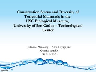 Conservation Status and Diversity of Terrestrial Mammals in the  USC Biological Museum,  University of San Carlos – Technological Center Julius M. Manolong  Anna Freya Jayme Quennie Ann Uy BS BIO-ES 3 