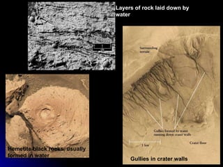 Layers of rock laid down by water Hemetite black rocks, usually formed in water  Gullies in crater walls 