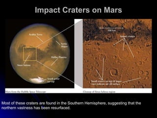 Impact Craters on Mars Most of these craters are found in the Southern Hemisphere, suggesting that the northern vastness has been resurfaced.  