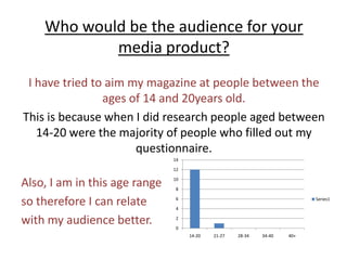 Who would be the audience for your media product? I have tried to aim my magazine at people between the ages of 14 and 20years old. This is because when I did research people aged between 14-20 were the majority of people who filled out my questionnaire.Also, I am in this age range so therefore I can relate with my audience better. 