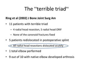 The “terrible triad“
Ring et al (2002) J Bone Joint Surg Am
• 11 patients with terrible triad
– 4 radial head resection, 5 radial head ORIF
– None of the coronoid fractures fixed
• 5 patients redislocated in postoperative splint
– All radial head resections dislocated acutely
• 1 total elbow performed
• 9 out of 10 with native elbow developed arthrosis
 