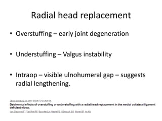 Radial head replacement
• Overstuffing – early joint degeneration
• Understuffing – Valgus instability
• Intraop – visible ulnohumeral gap – suggests
radial lengthening.
 