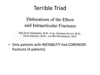 Terrible Triad
• Only patients with INSTABILITY had CORONOID
fractures (4 patients)
 