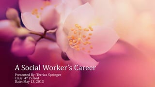 A Social Worker’s Career
Presented By: Terrica Springer
Class: 4th Period
Date: May 13, 2013
 
